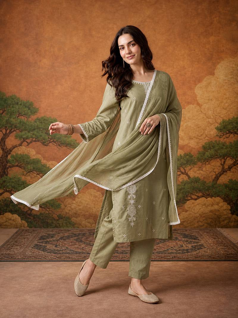 Thread Pure Cotton Fabric Straight Kurta Pant and Dupatta Set