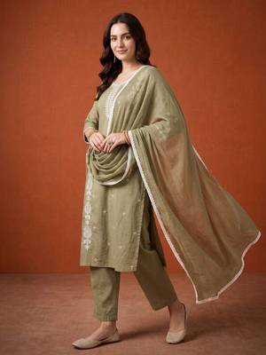 Thread Pure Cotton Fabric Straight Kurta Pant and Dupatta Set 3