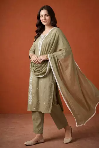 Thread Pure Cotton Fabric Straight Kurta Pant and Dupatta Set