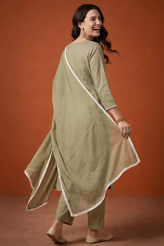 Thread Pure Cotton Fabric Straight Kurta Pant and Dupatta Set