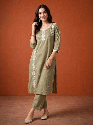 Thread Pure Cotton Fabric Straight Kurta Pant and Dupatta Set 5