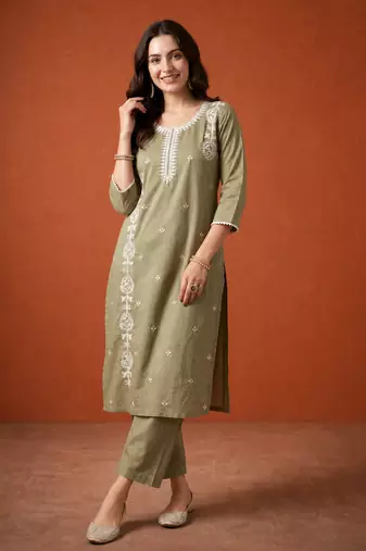 Thread Pure Cotton Fabric Straight Kurta Pant and Dupatta Set