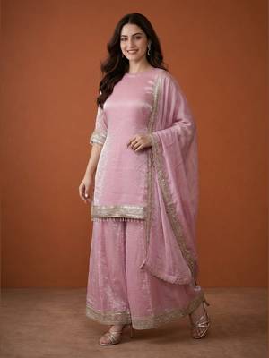 Embroidery Satin Fabric Straight Kurta Sharara and Dupatta Set 1