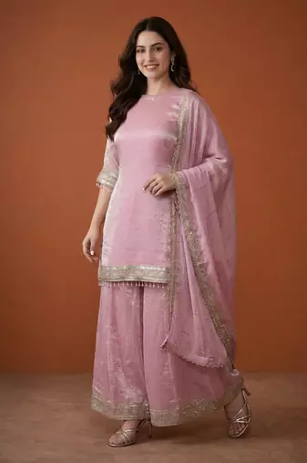 Embroidery Satin Fabric Straight Kurta Sharara and Dupatta Set