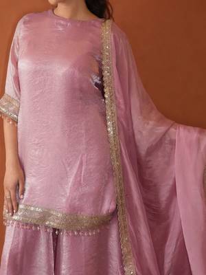 Embroidery Satin Fabric Straight Kurta Sharara and Dupatta Set 2