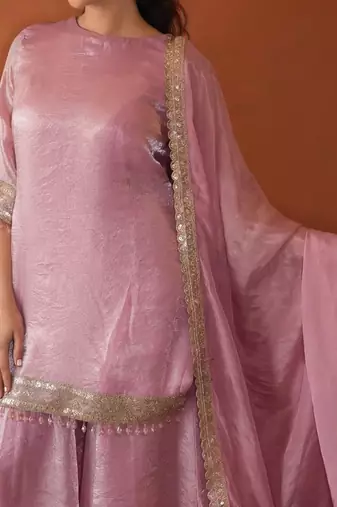 Embroidery Satin Fabric Straight Kurta Sharara and Dupatta Set