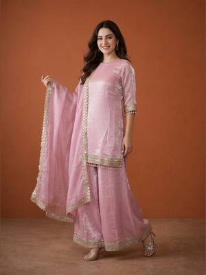 Embroidery Satin Fabric Straight Kurta Sharara and Dupatta Set 3