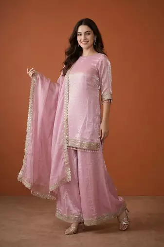 Embroidery Satin Fabric Straight Kurta Sharara and Dupatta Set