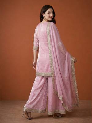 Embroidery Satin Fabric Straight Kurta Sharara and Dupatta Set 4