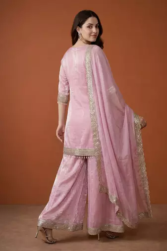 Embroidery Satin Fabric Straight Kurta Sharara and Dupatta Set