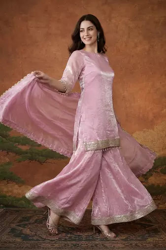 Embroidery Satin Fabric Straight Kurta Sharara and Dupatta Set