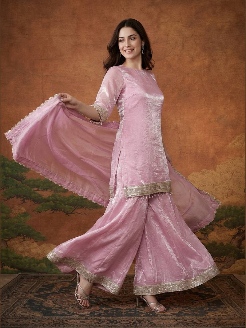 Embroidery Satin Fabric Straight Kurta Sharara and Dupatta Set