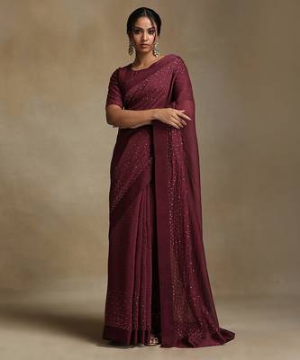 Plum wine hand embroidered chanderi saree set 1