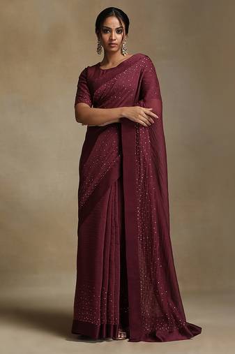 Plum wine hand embroidered chanderi saree set
