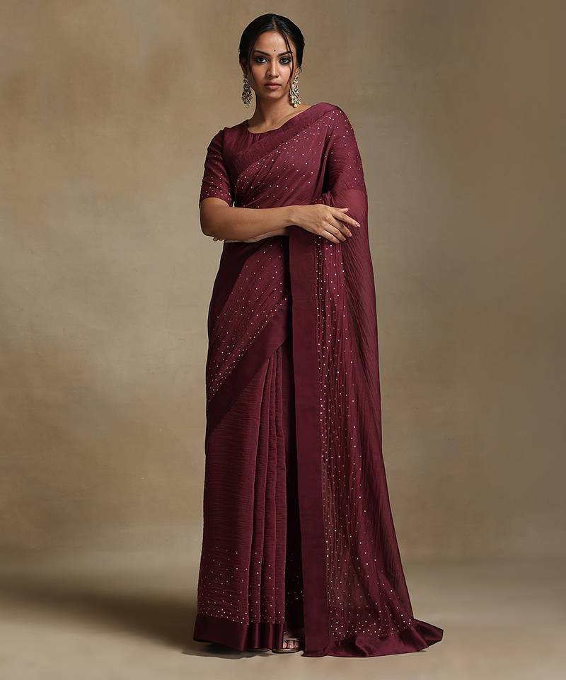 Plum wine hand embroidered chanderi saree set