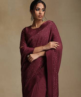 Plum wine hand embroidered chanderi saree set 4