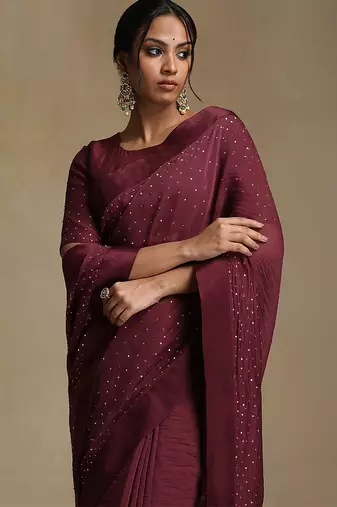 Plum wine hand embroidered chanderi saree set