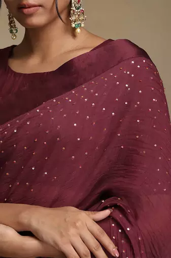 Plum wine hand embroidered chanderi saree set