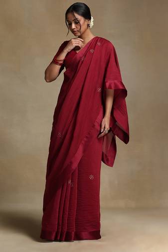 Crimson red hand embroidered chanderi saree set