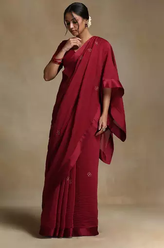 Crimson red hand embroidered chanderi saree set