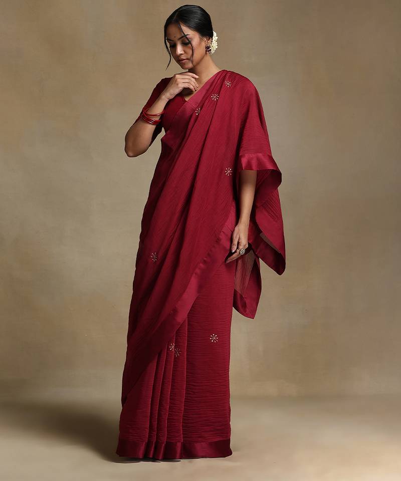 Crimson red hand embroidered chanderi saree set
