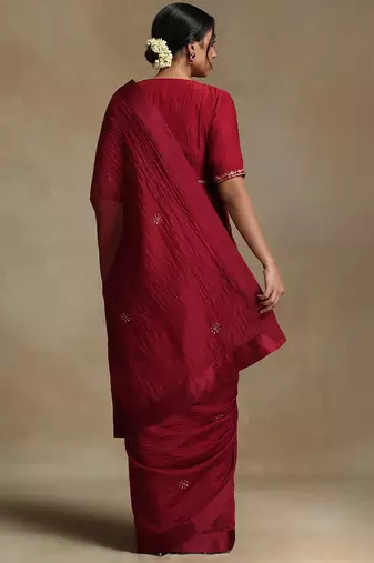 Crimson red hand embroidered chanderi saree set