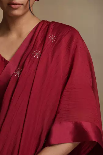 Crimson red hand embroidered chanderi saree set