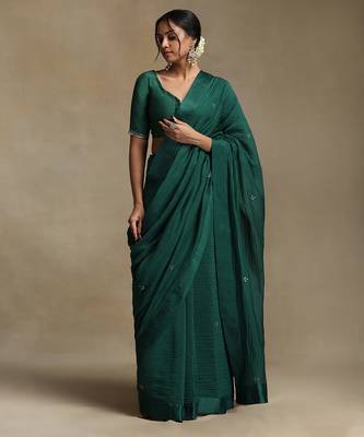 Teal green hand embroidered chanderi saree set 1