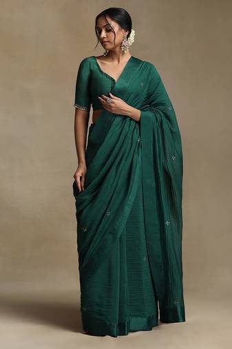 Teal green hand embroidered chanderi saree set