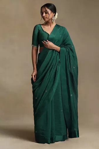 Teal green hand embroidered chanderi saree set
