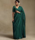Teal green hand embroidered chanderi saree set