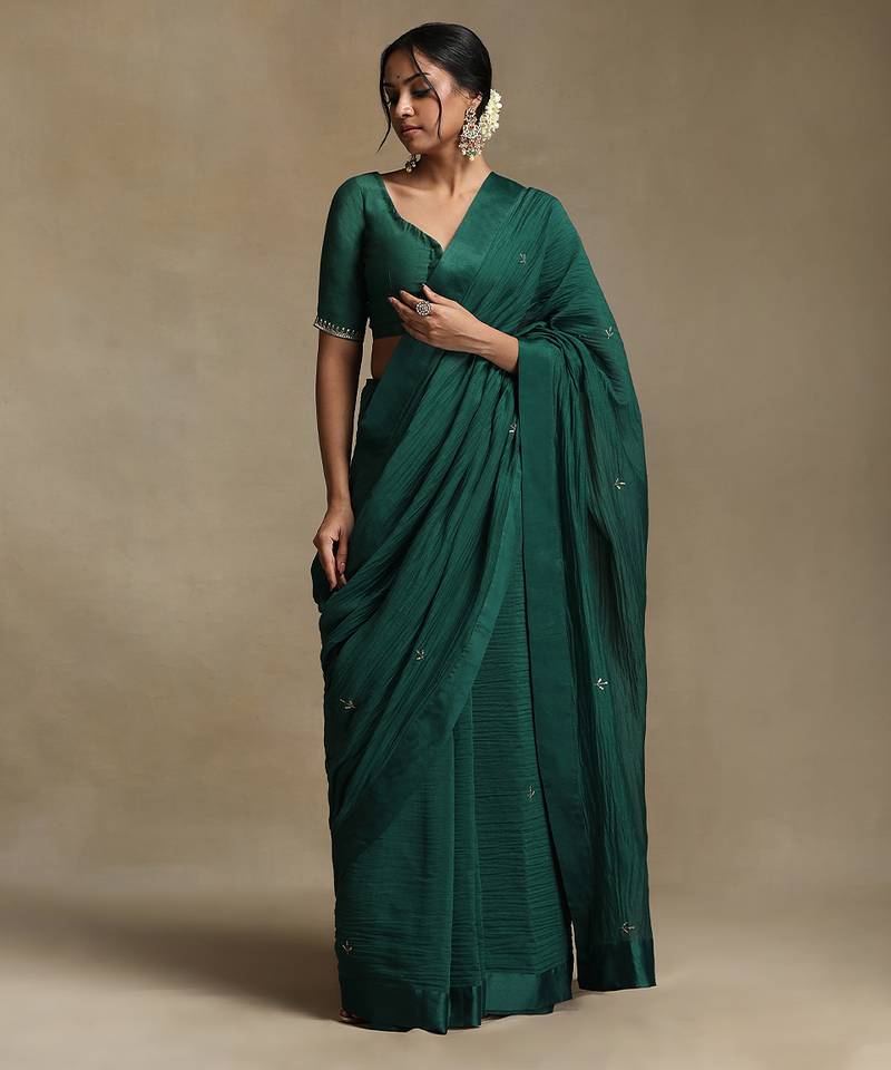 Teal green hand embroidered chanderi saree set