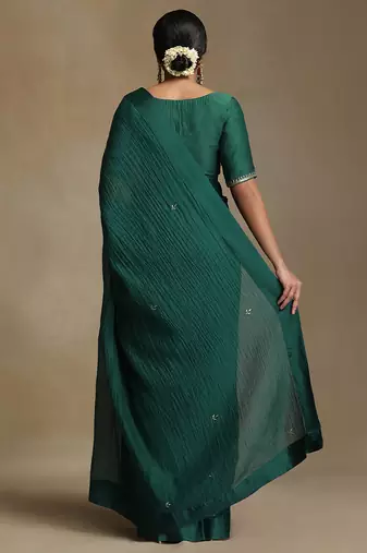 Teal green hand embroidered chanderi saree set