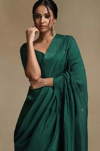 Teal green hand embroidered chanderi saree set