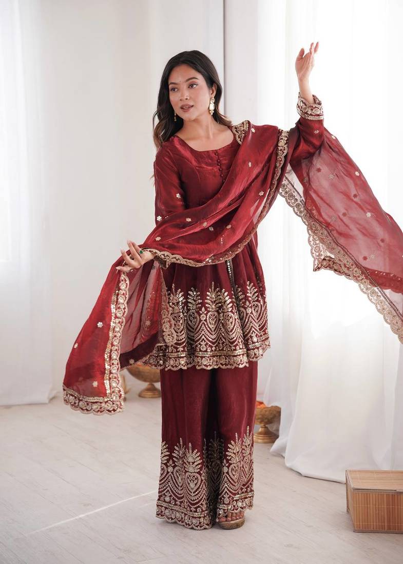 Women's Gorgeous Embroidery Work Fendy Silk Fabric Flared Kurta Palazzo and Dupatta Set