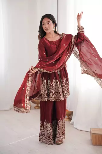 Women's Gorgeous Embroidery Work Fendy Silk Fabric Flared Kurta Palazzo and Dupatta Set