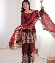 Women's Gorgeous Embroidery Work Fendy Silk Fabric Flared Kurta Palazzo and Dupatta Set