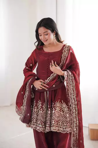 Women's Gorgeous Embroidery Work Fendy Silk Fabric Flared Kurta Palazzo and Dupatta Set