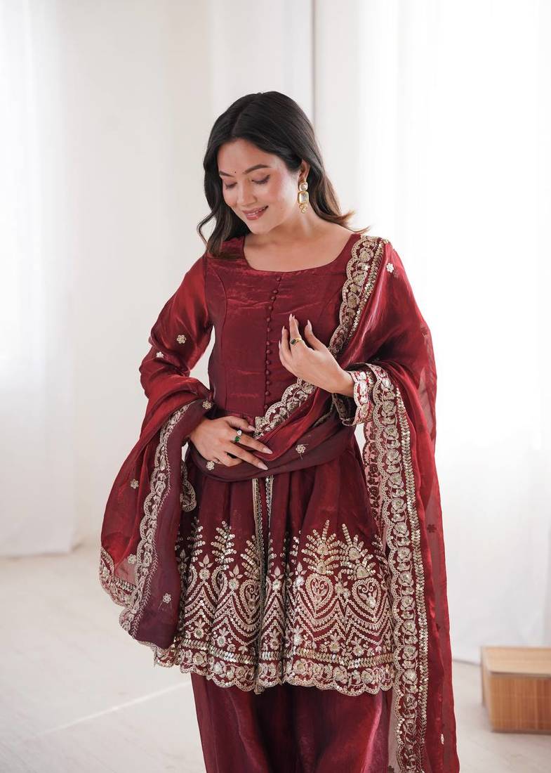Women's Gorgeous Embroidery Work Fendy Silk Fabric Flared Kurta Palazzo and Dupatta Set
