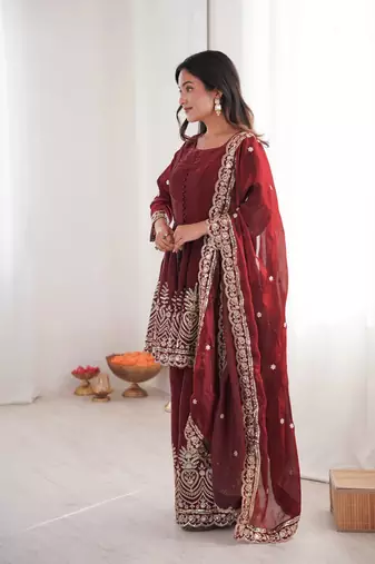 Women's Gorgeous Embroidery Work Fendy Silk Fabric Flared Kurta Palazzo and Dupatta Set