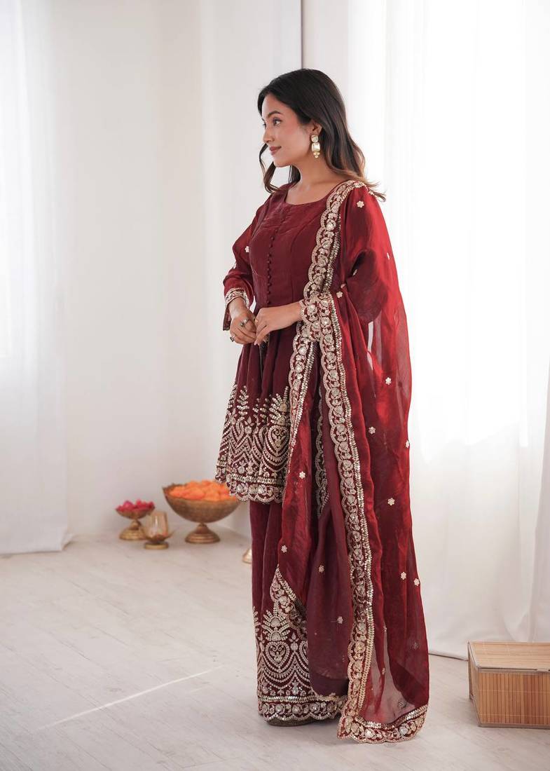 Women's Gorgeous Embroidery Work Fendy Silk Fabric Flared Kurta Palazzo and Dupatta Set