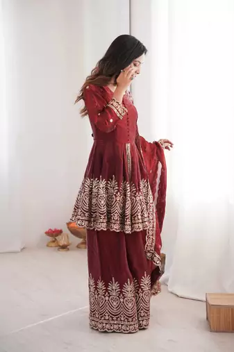 Women's Gorgeous Embroidery Work Fendy Silk Fabric Flared Kurta Palazzo and Dupatta Set