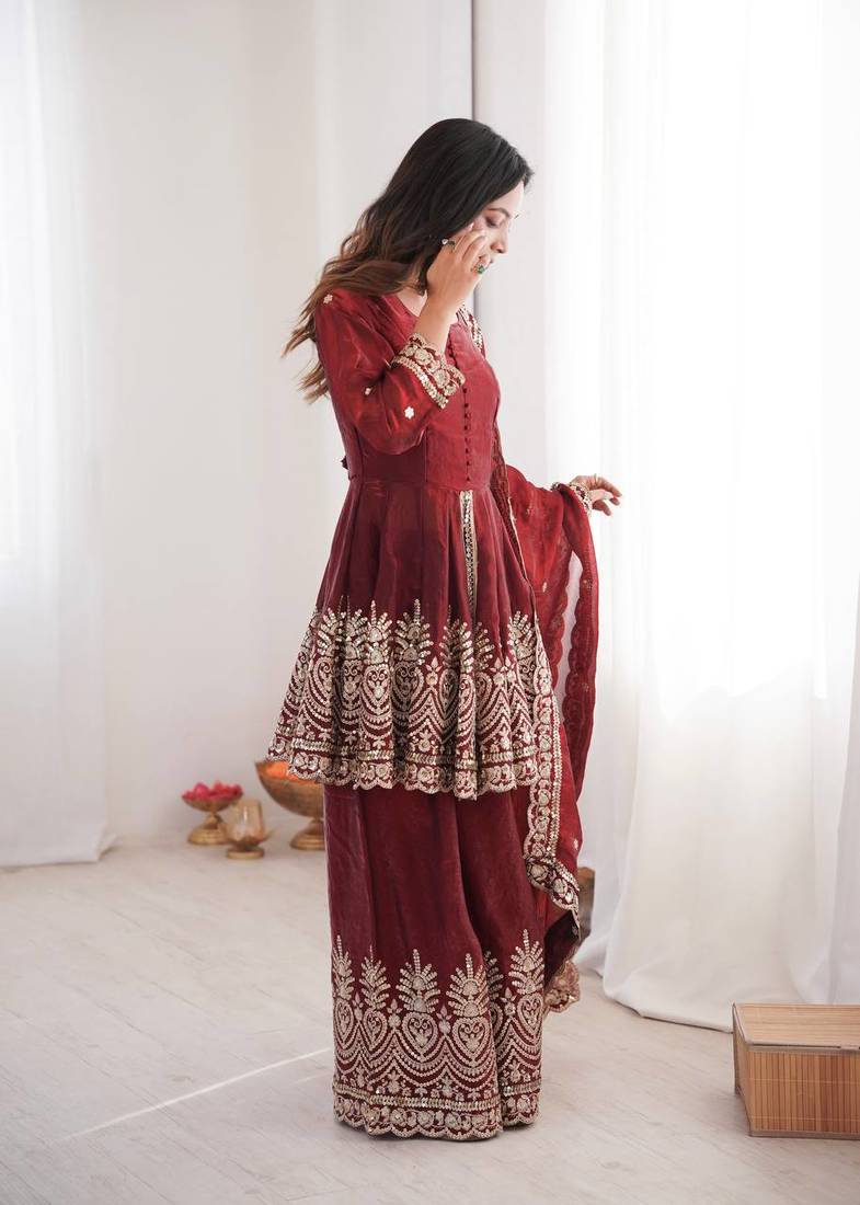Women's Gorgeous Embroidery Work Fendy Silk Fabric Flared Kurta Palazzo and Dupatta Set