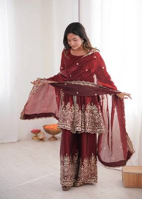 Women's Gorgeous Embroidery Work Fendy Silk Fabric Flared Kurta Palazzo and Dupatta Set 5