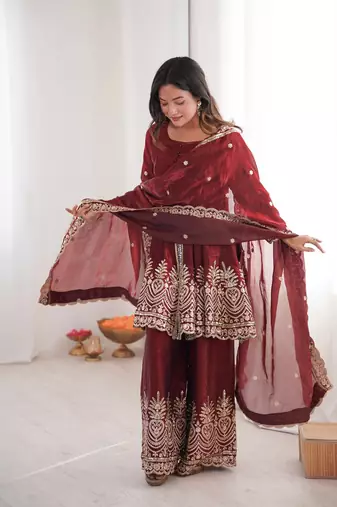Women's Gorgeous Embroidery Work Fendy Silk Fabric Flared Kurta Palazzo and Dupatta Set