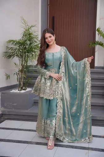 Women's Gorgeous Embroidery Fendy Silk Fabric Flared Kurta Palazzo and Dupatta Set