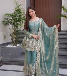 Women's Gorgeous Embroidery Fendy Silk Fabric Flared Kurta Palazzo and Dupatta Set