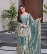 Women's Gorgeous Embroidery Fendy Silk Fabric Flared Kurta Palazzo and Dupatta Set
