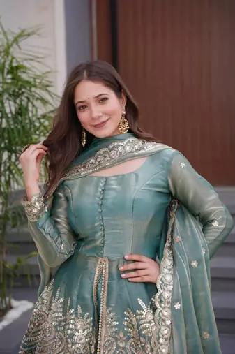 Women's Gorgeous Embroidery Fendy Silk Fabric Flared Kurta Palazzo and Dupatta Set