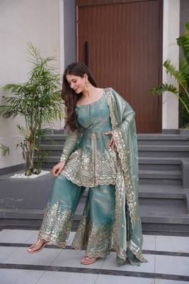 Women's Gorgeous Embroidery Fendy Silk Fabric Flared Kurta Palazzo and Dupatta Set 3